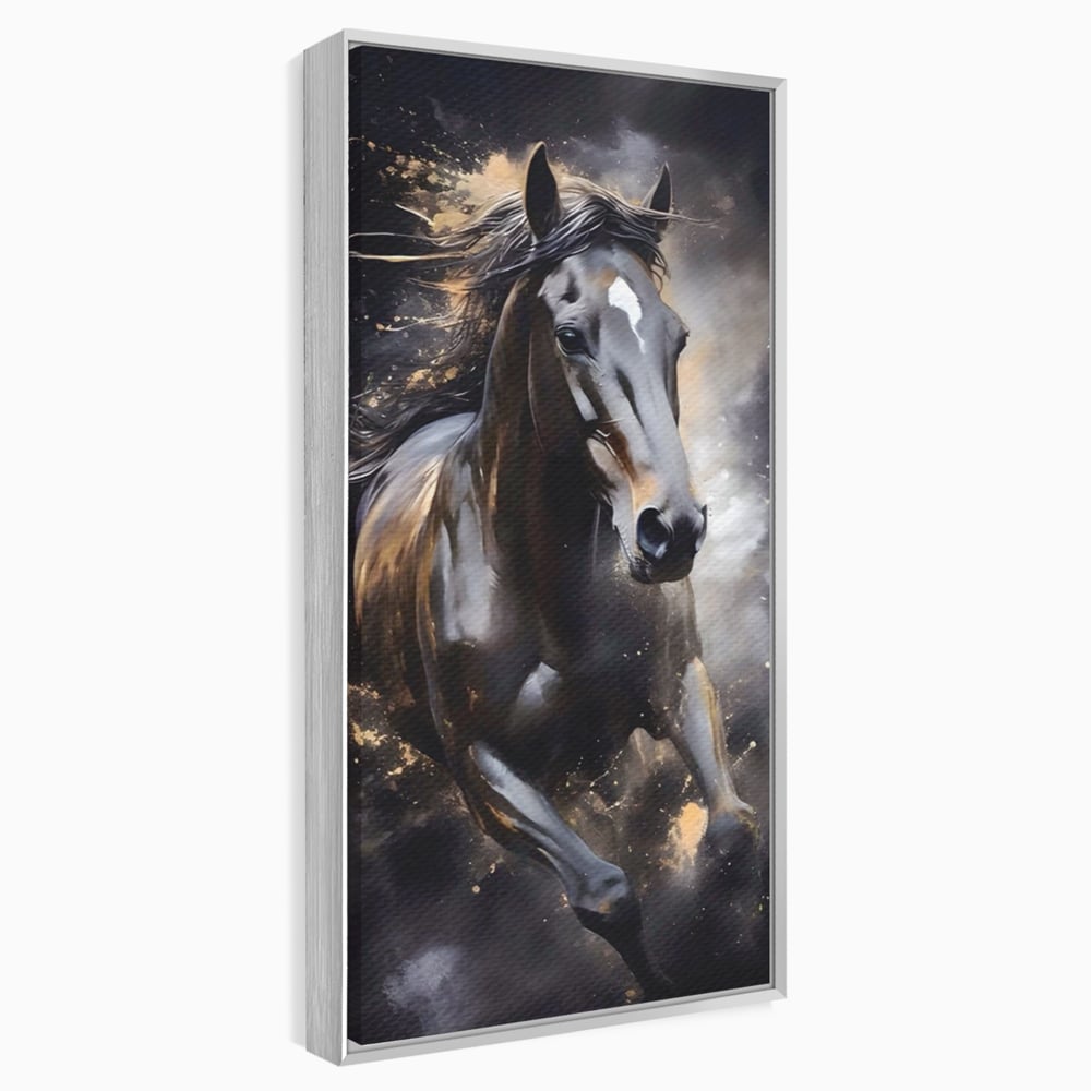 Tablou canvas cu tablou canvas cu un cal negru in alergare, in rama de aluminiu argintiu